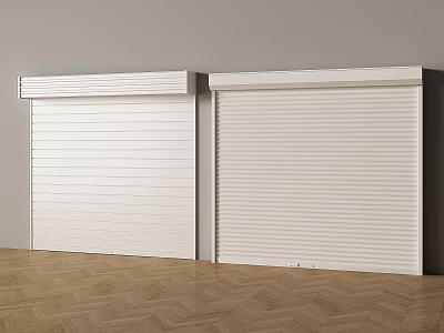 White Roller Shutters Side by Side in Interior With Gray Wall and Wooden Floor 3d model