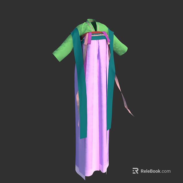 Traditional Chinese Hanfu With Purple Long Skirt Green Sleeves And Colorful Sashes 3d model 