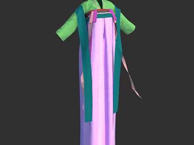 Traditional Chinese Hanfu With Purple Long Skirt Green Sleeves And Colorful Sashes 3d model