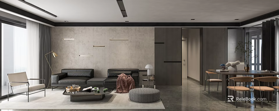 Modern Living and Dining Room Interior With Black Sofa Gray Ottoman And Strip Wall Lamps 3d model 