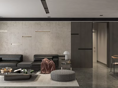 Modern Living and Dining Room Interior With Black Sofa Gray Ottoman And Strip Wall Lamps 3d model