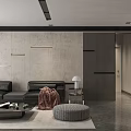 Modern Living and Dining Room Interior With Black Sofa Gray Ottoman And Strip Wall Lamps