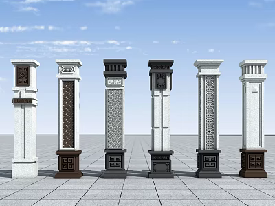 Decorative Architectural Columns With Various Designs Carved Patterns Stone Bases And Color Finishes 3d model