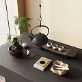 Traditional Tea Set with Black Teapot Small Cups Tray and Potted Plant on Dark Table