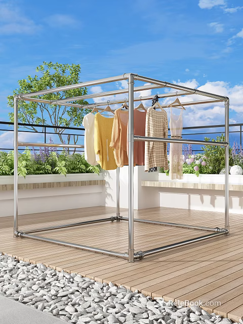 Metal Frame Clothes Drying Rack With Hanging Clothes On Outdoor Balcony 3d model 