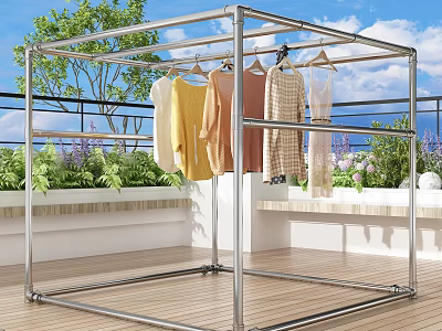 Metal Frame Clothes Drying Rack With Hanging Clothes On Outdoor Balcony 3d model