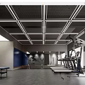Modern Fitness Gym Interior Design With Treadmills Strength Training Machines And Ceiling Grille Lights