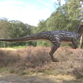Realistic Reptile Dinosaur Model with Striped Body and Crested Head in Grassland with Trees Background