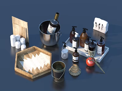 Household Daily Essentials With Metal Bucket Wine Bottle Wooden Tray Toiletries Candles And Tissue Box 3d model