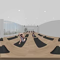 Modern Gym Reception Lounge With Comfortable Seating Green Plants And City View