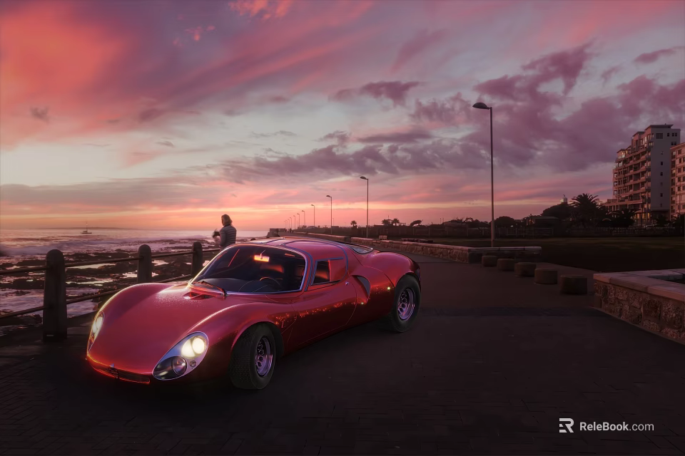 Red Sports Car Parked On Seaside Road With Sunset Sky And Pink Clouds 3d model 
