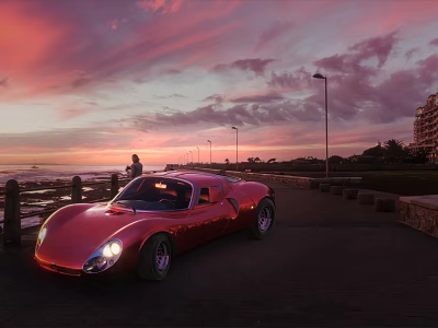 Red Sports Car Parked On Seaside Road With Sunset Sky And Pink Clouds 3d model
