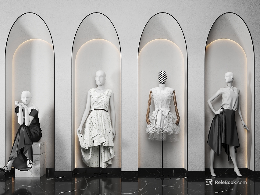 Mannequins In Fashionable Clothing Display With Arched Doorways White Walls And Black Marble Floor 3d model 