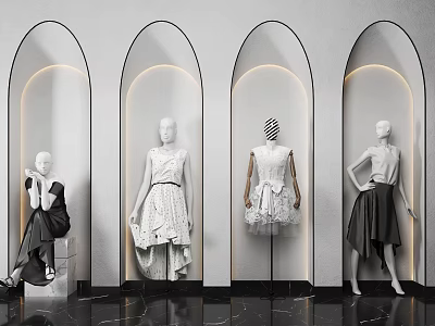 Mannequins In Fashionable Clothing Display With Arched Doorways White Walls And Black Marble Floor 3d model