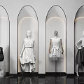 Mannequins In Fashionable Clothing Display With Arched Doorways White Walls And Black Marble Floor