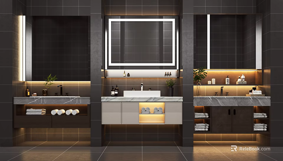 Modern Bathroom Vanity With Marble Countertop Backlit Mirror And Storage Cabinets 3d model 
