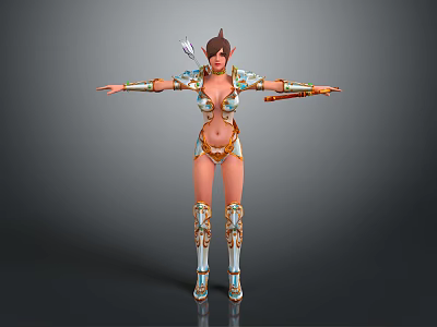 Elaborate Game Movie Female Warrior Character With Decorative Armor Bow Arrow And Gold Blue Accents 3d model