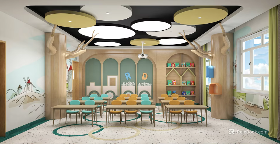 Kindergarten Interior Design With Circular Ceiling Lights Wooden Decor Green Walls And Colorful Bookshelves 3d model 