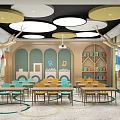 Kindergarten Interior Design With Circular Ceiling Lights Wooden Decor Green Walls And Colorful Bookshelves