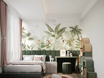 Tatami Bedroom Featuring Green Bed Tropical Plant Mural Pink Curtains White Windows And Green Bookshelf 3d model