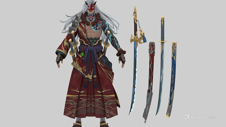 Woman With White Hair In Traditional Red Gold Outfit Standing By Various Colored Designed Swords 3d model