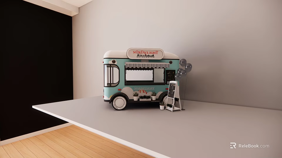 Ice Cream Truck Model With Sweet Treats Sign And Ladder On Display Platform 3d model 