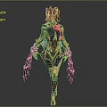 Futuristic Armored Character With Biomechanical Creature Design And Detailed Red Blue White Exoskeleton