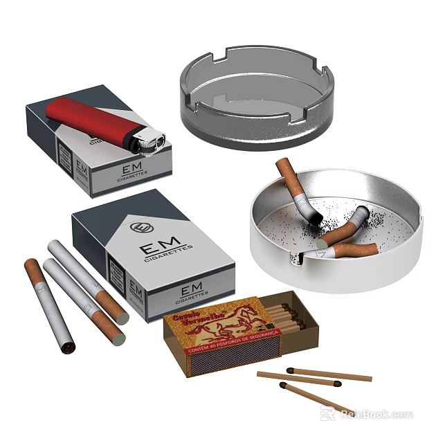 Stylish Smoking Accessories Collection With Ashtray Lighter Matches And Cigarette Packs 3d model 