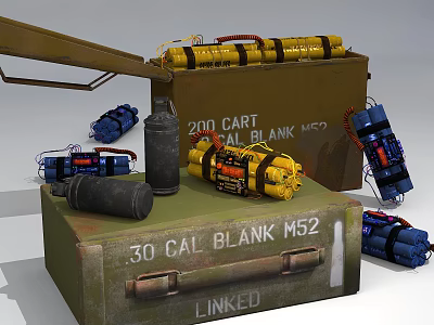 Military Weapons Collection Featuring Blank Ammo Boxes Linked M52 Cartridges And Bombs 3d model