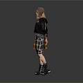Woman With Blonde Hair Wearing Black Jacket Purple Star Top Plaid Skirt And Black Boots