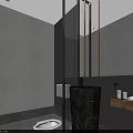 Luxury SPA Sauna Bathroom Design With Dark Wall Round Mirror Black Sink And Wooden Cabinet