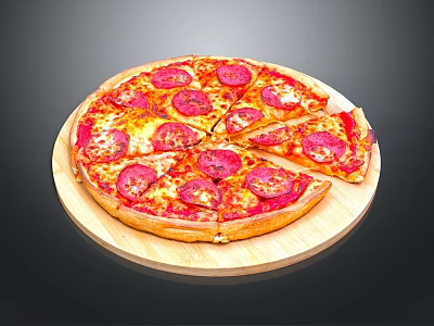 Sliced Pepperoni Pizza With Cheese And Tomato Sauce On Wooden Tray 3d model