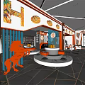 Modern Clothing Store Interior With Orange Lion Sculpture Round Display Platform Blue Partition Geometric Floor
