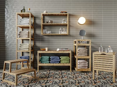 Wooden Bathroom Storage Shelves With Folded Towels Decorative Bottles And Tile Wall Background 3d model