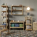 Wooden Bathroom Storage Shelves With Folded Towels Decorative Bottles And Tile Wall Background