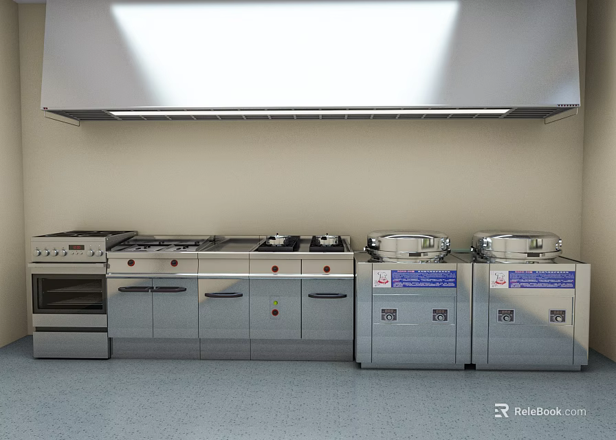 Stainless Steel Professional Kitchen Appliances Lineup With Stove Oven Steamers And Range Hood 3d model 