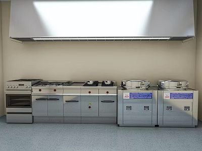 Stainless Steel Professional Kitchen Appliances Lineup With Stove Oven Steamers And Range Hood 3d model