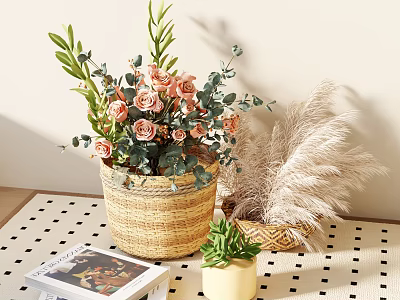 Elegant Floral Decor With Pink Roses Eucalyptus Leaves Pampas Grass And Succulent In Woven Baskets 3d model