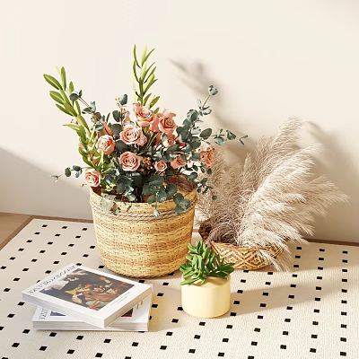 Elegant Floral Decor With Pink Roses Eucalyptus Leaves Pampas Grass And Succulent In Woven Baskets 3d model