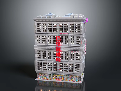Multi Storey Commercial Building With Red Signage Multiple Windows And Shop Fronts 3d model