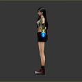 Woman with white crop top black skirt black gloves holding colorful weapons and red sneakers
