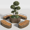 Curved Wooden Outdoor Chairs With Metal Armrests Around Planter And Green Trees