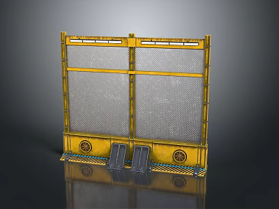 Industrial Yellow Metal Gate With Mesh Panels Wheels Pedals And Reflective Base 3d model