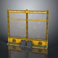 Industrial Yellow Metal Gate With Mesh Panels Wheels Pedals And Reflective Base
