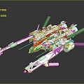 3D Model Of Futuristic Silver And Yellow Mechanical Spaceship With Gun Barrels Sleek Reflective Design