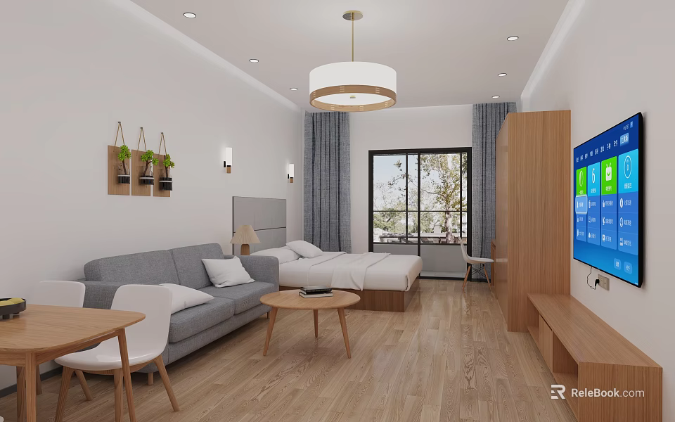 Cozy Modern Apartment Interior with Grey Sofa Bed Wooden Floor Coffee Table and Hanging Plants 3d model 