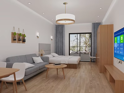 Cozy Modern Apartment Interior with Grey Sofa Bed Wooden Floor Coffee Table and Hanging Plants 3d model