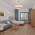 Cozy Modern Apartment Interior with Grey Sofa Bed Wooden Floor Coffee Table and Hanging Plants