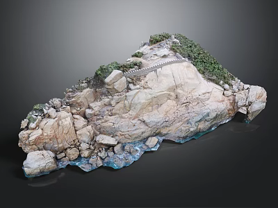 Lush Garden Landscape Featuring Rocky Terrain Green Vegetation Winding Path And Blue Water 3d model