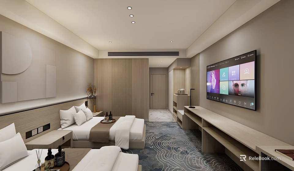 Modern Hotel Guest Room Interior With Twin Beds Large Screen TV And Patterned Carpet 3d model 
